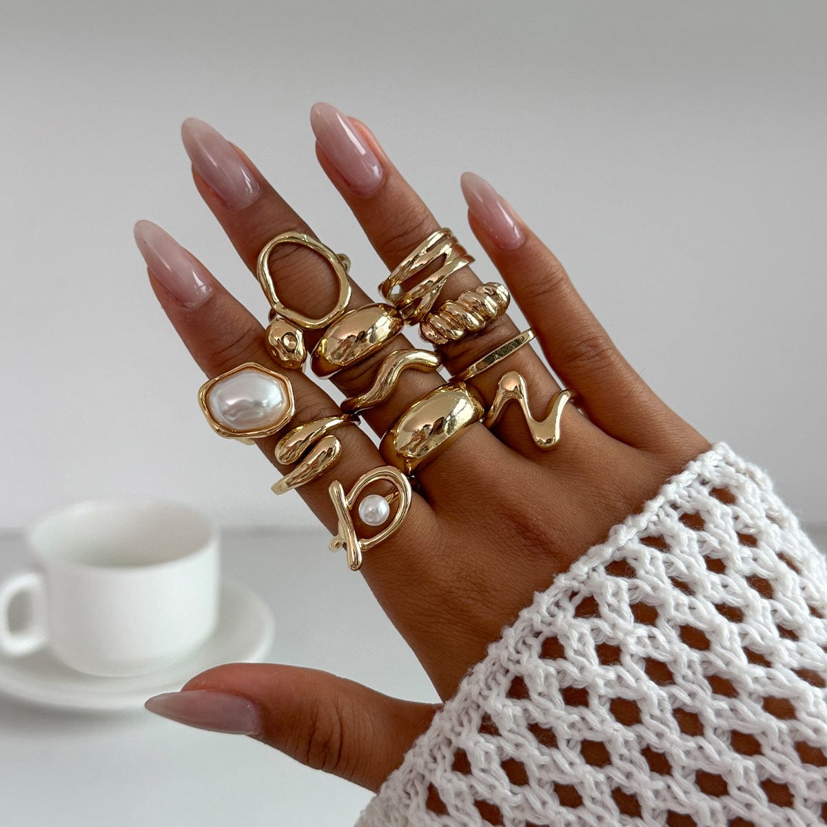11 Pcs Barqoue Pearl Inlaid Waterdrop Hoop Ring Set - ArtGalleryZen