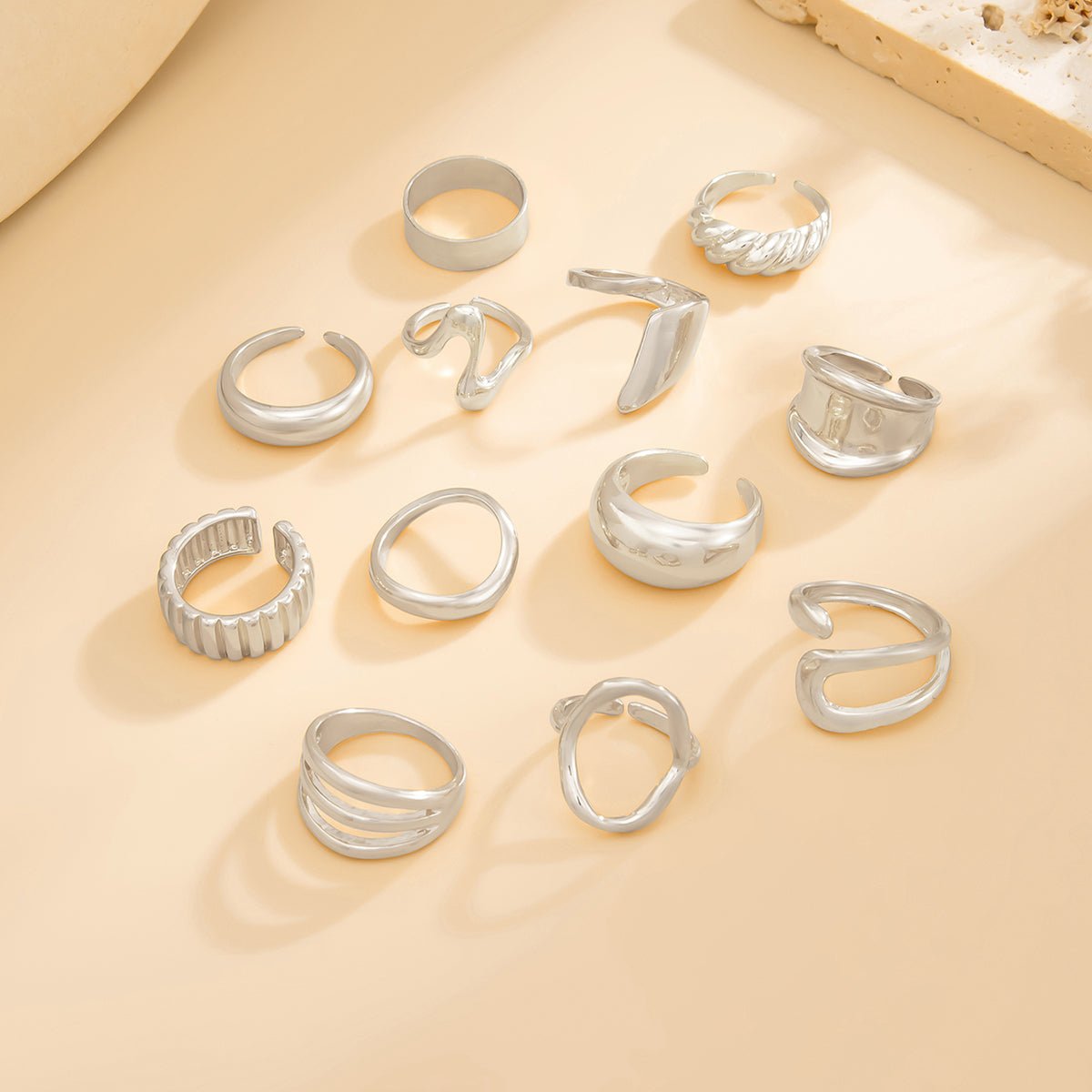 12 Pcs Gold Silver Tone Glossy Curved Hollow Waterdrop Ring Set - ArtGalleryZen