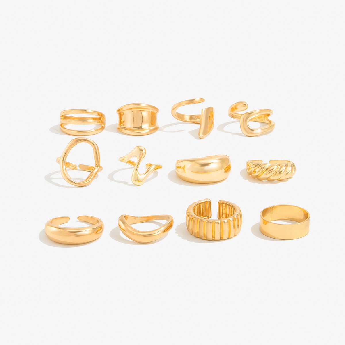 12 Pcs Gold Silver Tone Glossy Curved Hollow Waterdrop Ring Set - ArtGalleryZen