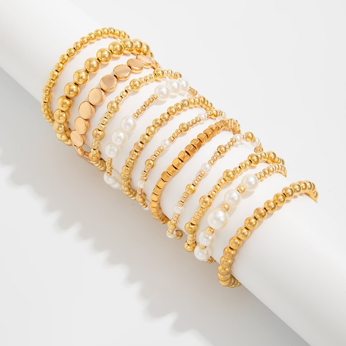 12 Pcs Minimalist Gold Silver Tone Pearl Beaded Chain Bracelet Set - ArtGalleryZen