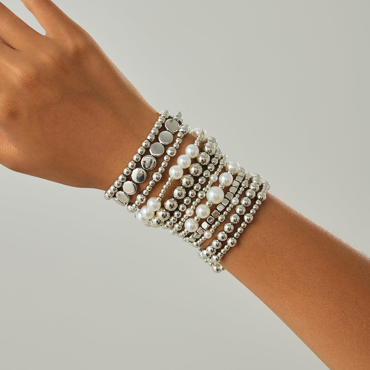 12 Pcs Minimalist Gold Silver Tone Pearl Beaded Chain Bracelet Set - ArtGalleryZen