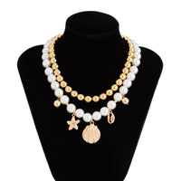 Thumbnail for 2 Pcs Conch Shell Starfish Pendant Pearl Chain Necklace Set - ArtGalleryZen