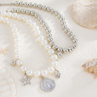 Thumbnail for 2 Pcs Conch Shell Starfish Pendant Pearl Chain Necklace Set - ArtGalleryZen