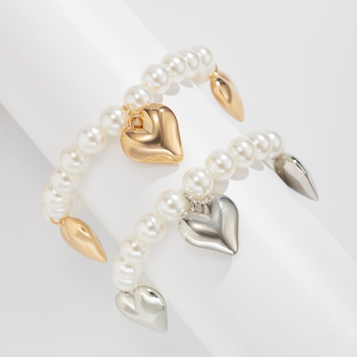 2 Pcs Heart Charm Pearl Chain Anklet Set - ArtGalleryZen