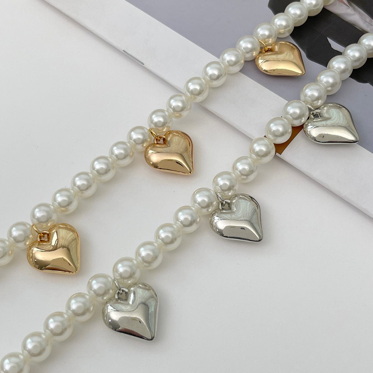 2 Pcs Heart Charm Pearl Chain Anklet Set - ArtGalleryZen