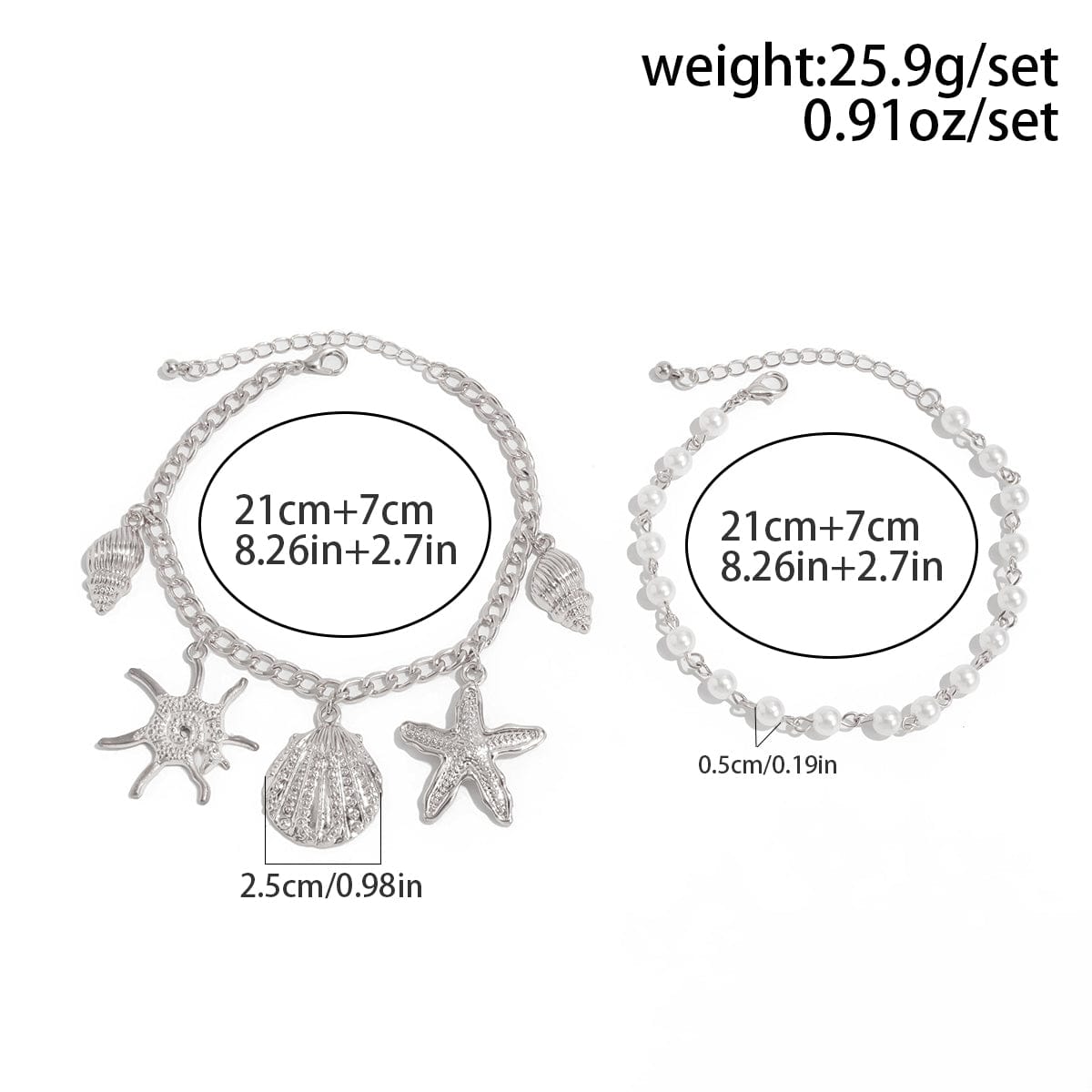 2 Pcs Shell Conch Starfish Charm Pearl Chain Anklet Set - ArtGalleryZen