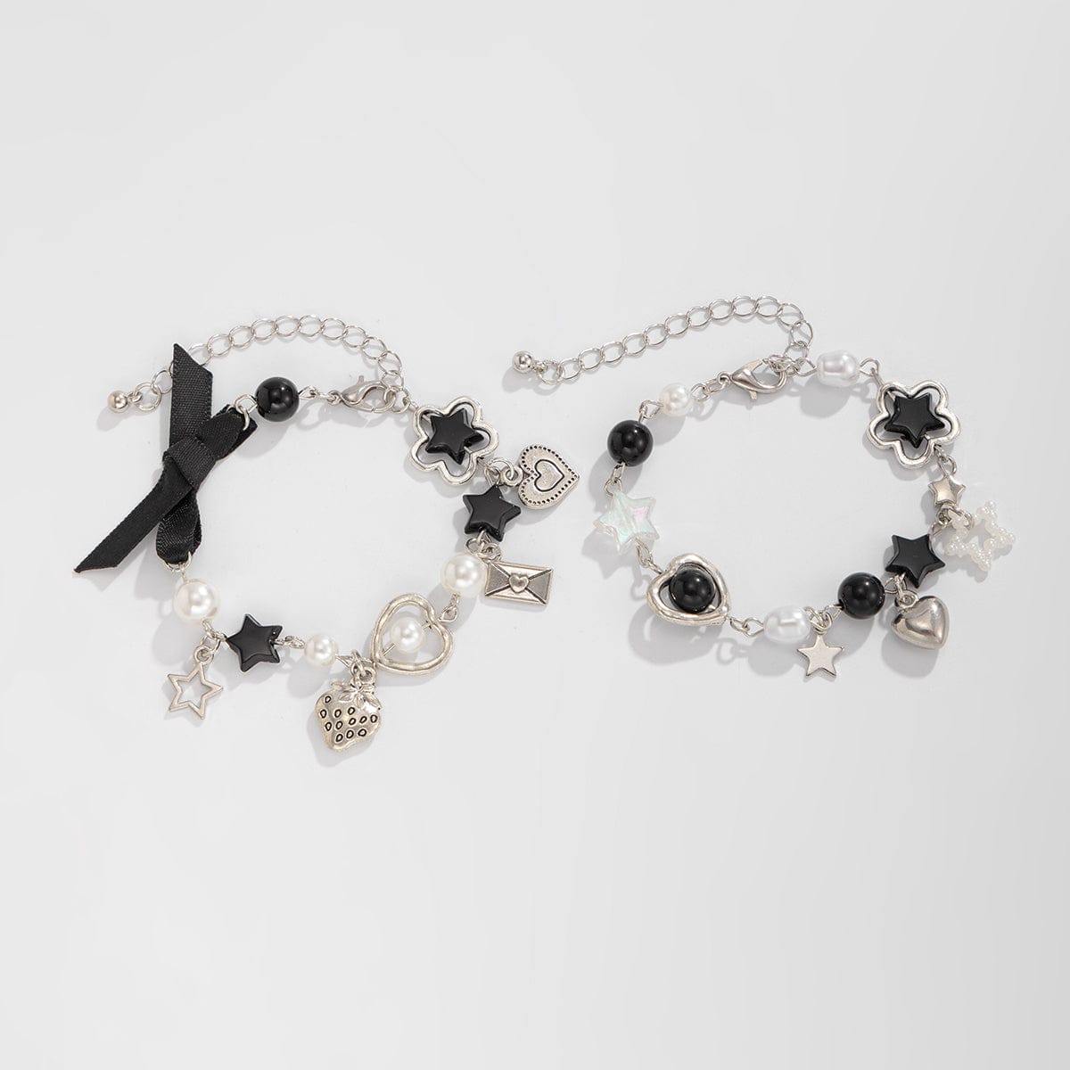 2 Pcs Strawberry Heart Letter Charm Pearl Star Chain Bracelet Set - ArtGalleryZen