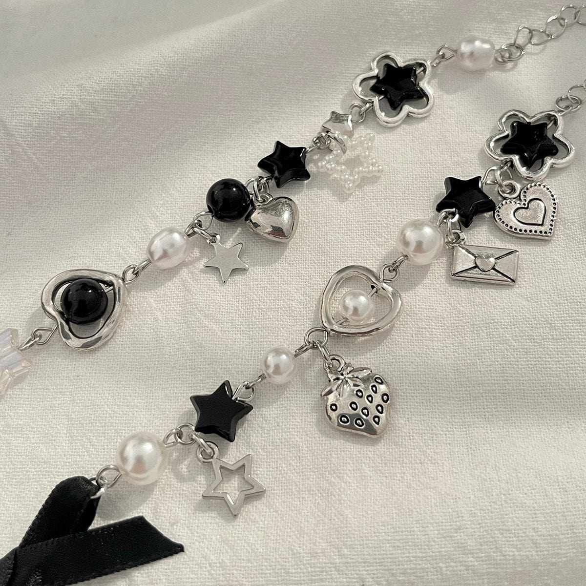 2 Pcs Strawberry Heart Letter Charm Pearl Star Chain Bracelet Set - ArtGalleryZen