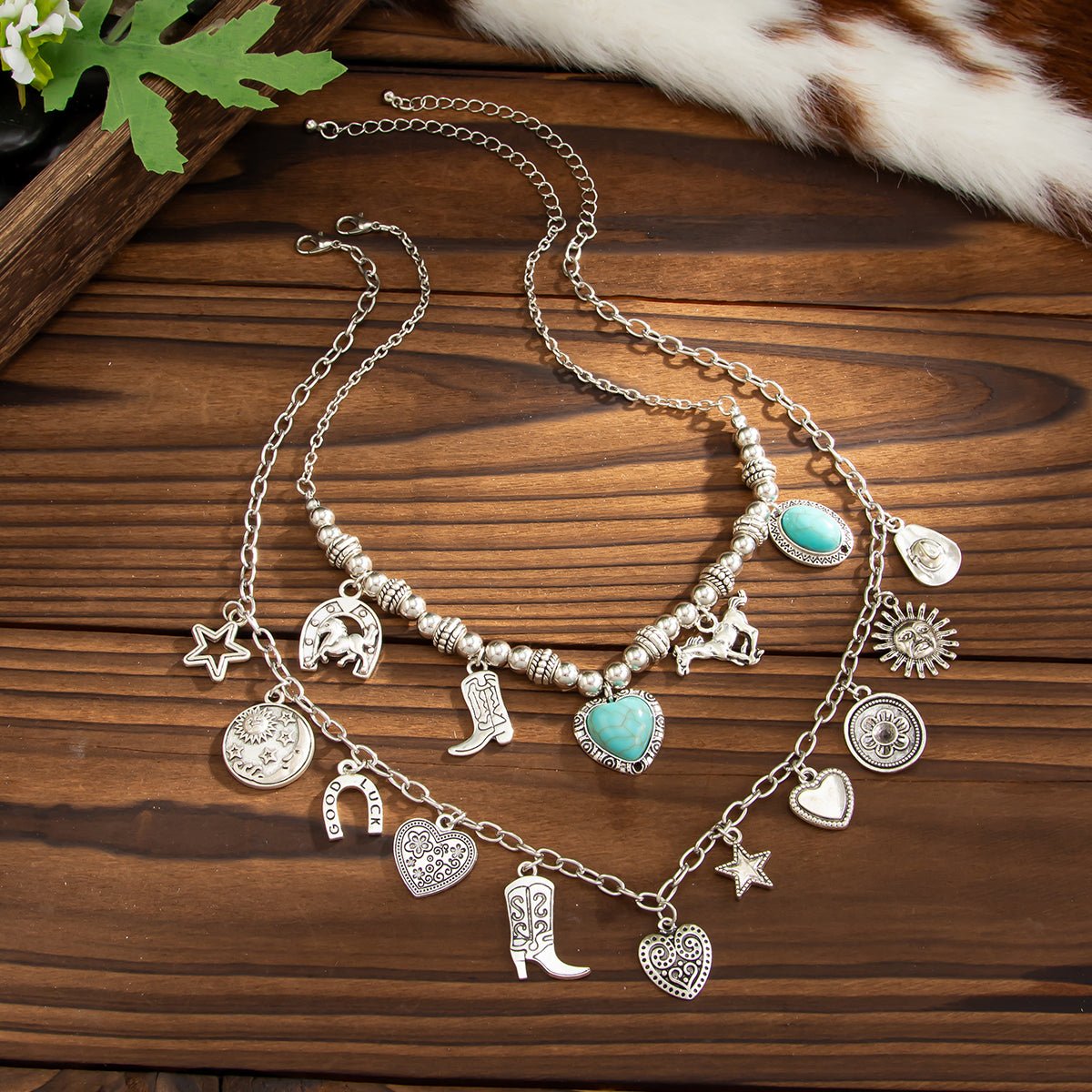 2 Pcs Turquoise Heart Boots Lucky Horseshoe Charm Necklace Set - ArtGalleryZen