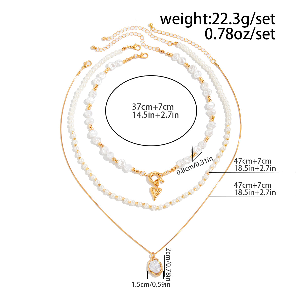 3pcs Layered Heart Pendant Pearl Chain Necklace Set Gold Tone