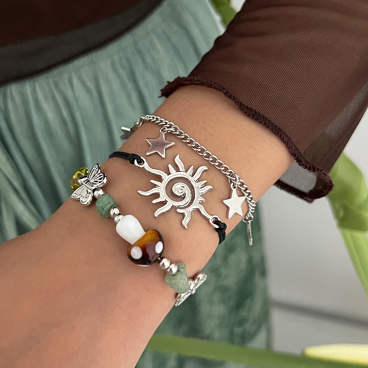 3 Pcs Boho Sun Mushroom Star Charm Turquoise Stone Bracelet Set - ArtGalleryZen