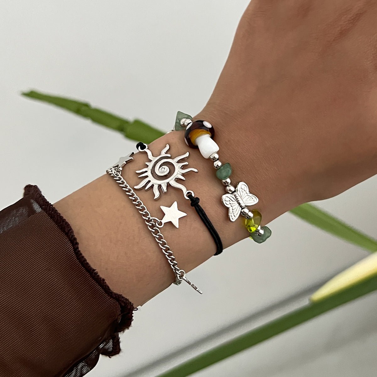 3 Pcs Boho Sun Mushroom Star Charm Turquoise Stone Bracelet Set - ArtGalleryZen