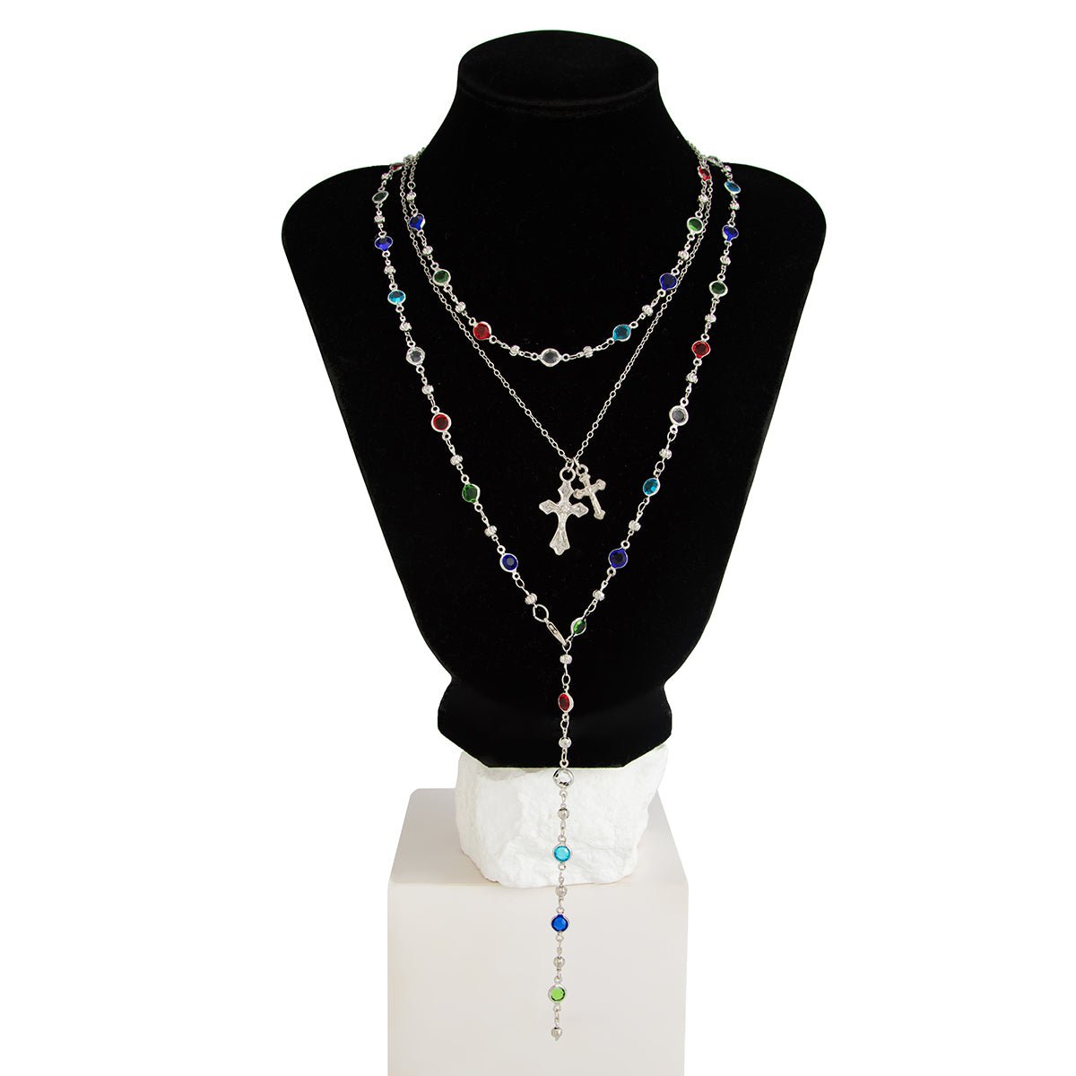3 Pcs Elegant Cross Pendant Colorful Crystal Chain Y Necklace Set - ArtGalleryZen