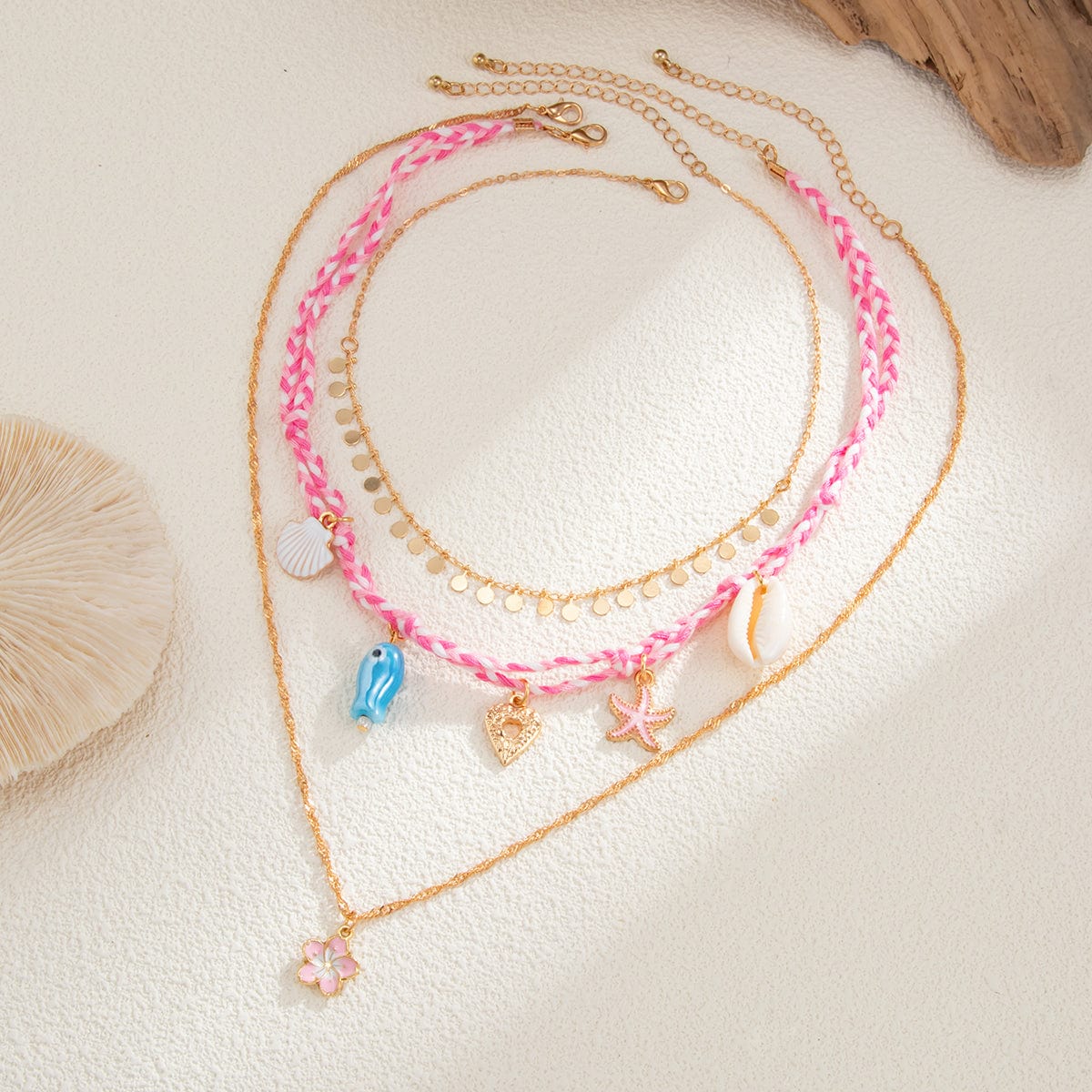3 pcs Enamel Cherry Blossoms Starfish Conch Pendant Braided Necklace Set - ArtGalleryZen
