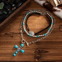 Thumbnail for 3 Pcs Toggle Clasp Turquoise Inlaid Cross Pendant Ball Chain Velvet Necklace Set - ArtGalleryZen