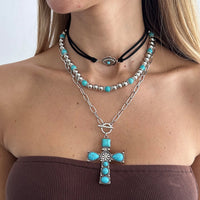 Thumbnail for 3 Pcs Toggle Clasp Turquoise Inlaid Cross Pendant Ball Chain Velvet Necklace Set - ArtGalleryZen
