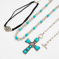 Thumbnail for 3 Pcs Toggle Clasp Turquoise Inlaid Cross Pendant Ball Chain Velvet Necklace Set - ArtGalleryZen