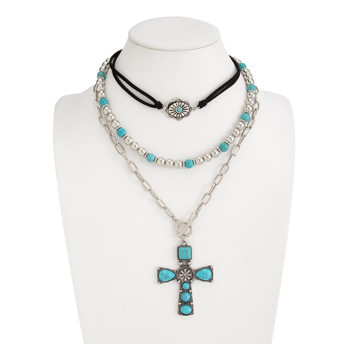 3 Pcs Toggle Clasp Turquoise Inlaid Cross Pendant Ball Chain Velvet Necklace Set - ArtGalleryZen