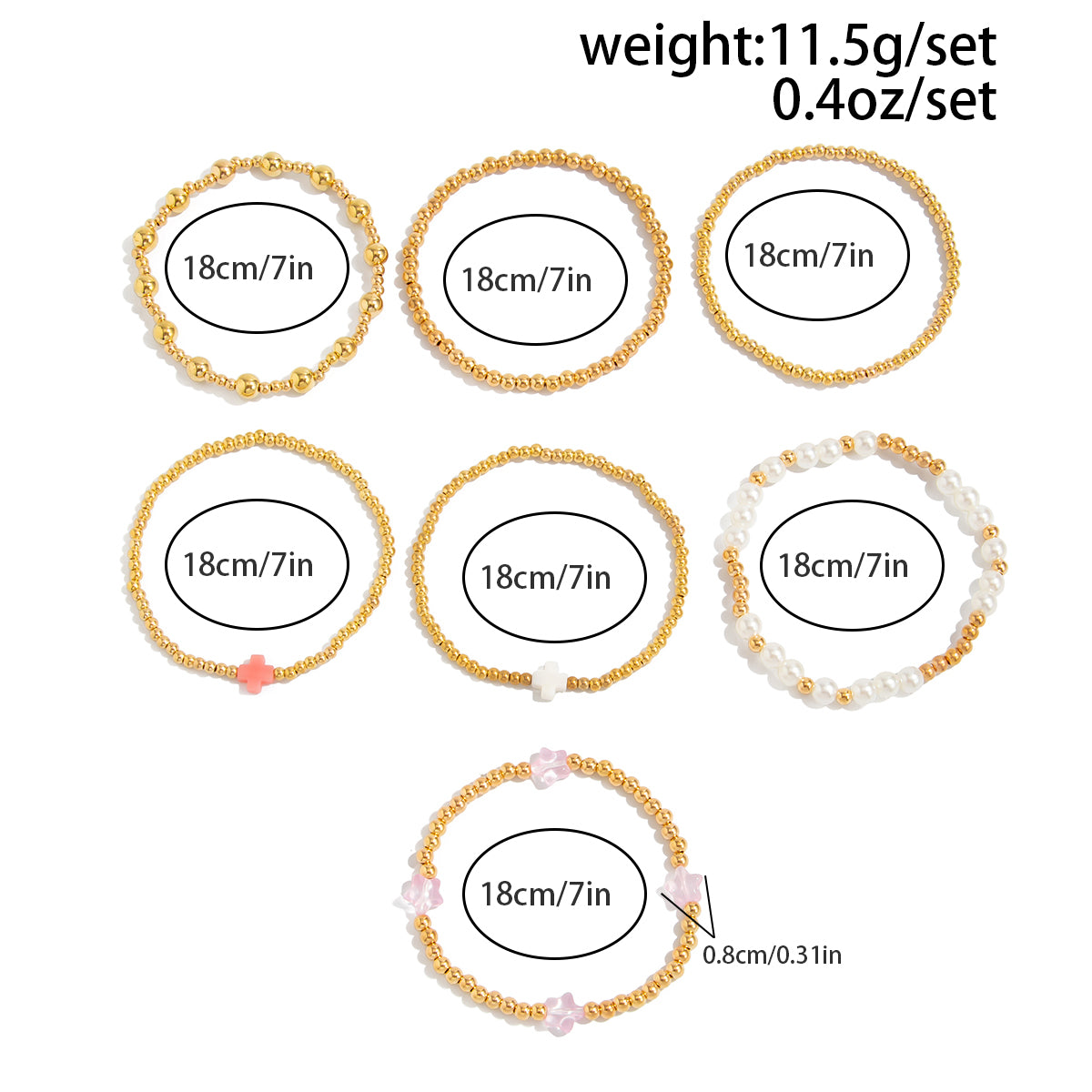 7pcs Pearl Beaded Bracelet Set Star Cross Charm Layered Stackable