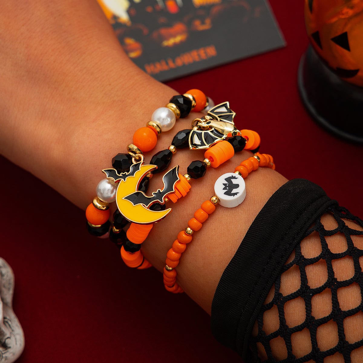 4Pcs Halloween Bat Moon Charm Crystal Pearl Beaded Bracelet Set - ArtGalleryZen