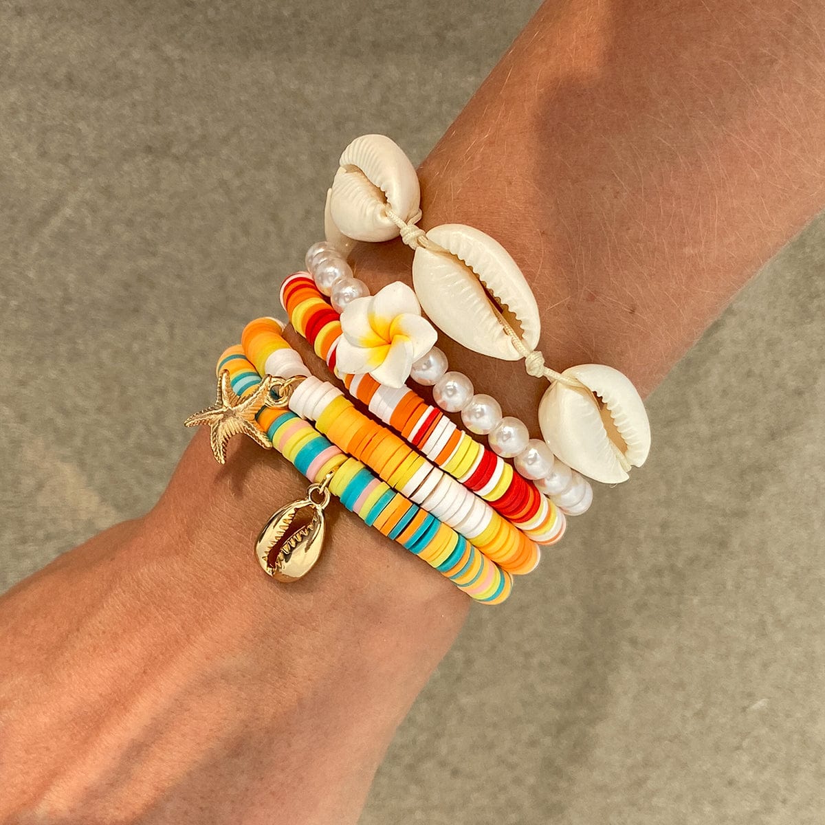 5 Pcs Boho Flower Starfish Conch Charm Polymer Clay Beaded Bracelet Set - ArtGalleryZen