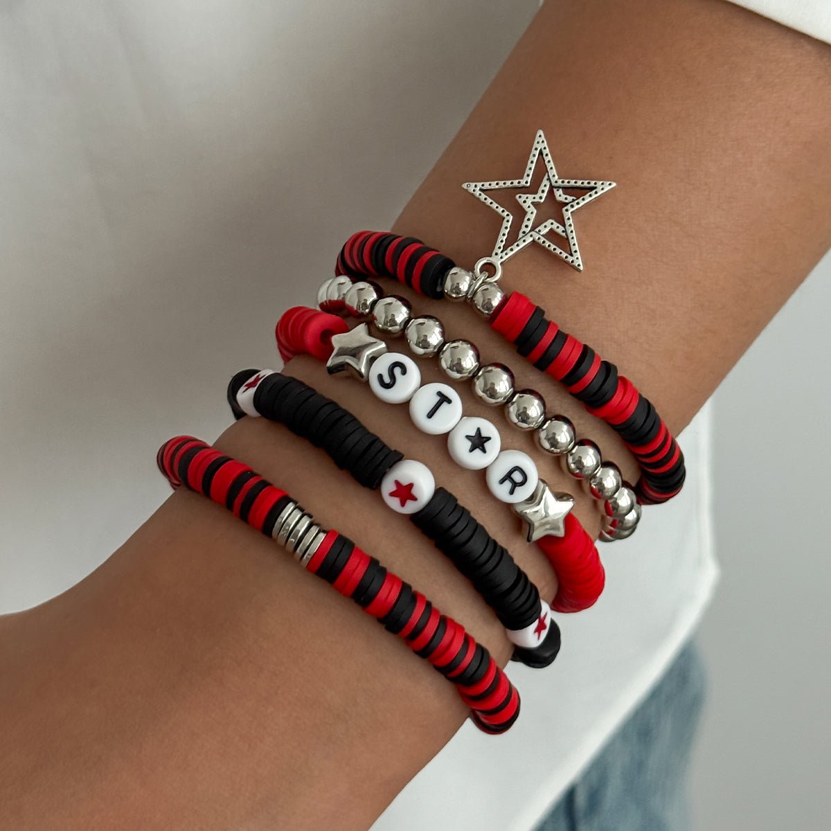 5 Piece Polymer Clay Beaded Bracelet Set Star Letter Charm Gift - ArtGalleryZen
