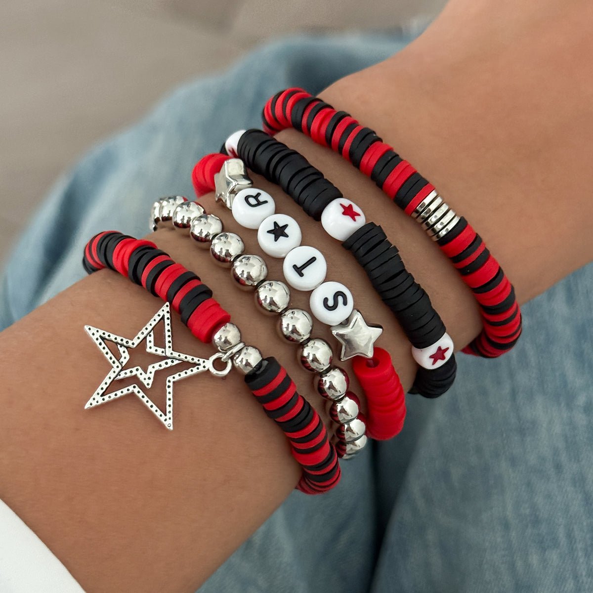 5 Piece Polymer Clay Beaded Bracelet Set Star Letter Charm Gift - ArtGalleryZen