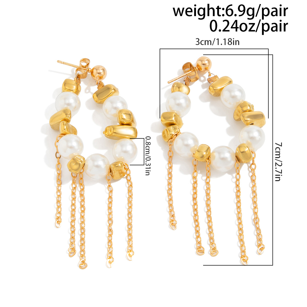 Pearl Beaded Tassel Chain Dangle Earrings Long Drop Statement