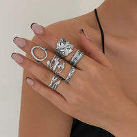 Thumbnail for 6 Pcs Geometric Pleated Hollow Pattern Stackable Ring Set - ArtGalleryZen