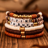 Thumbnail for 6 Pcs Thanksgiving Themed Polymer Clay Letter Beaded Stackable Bracelet Set - ArtGalleryZen