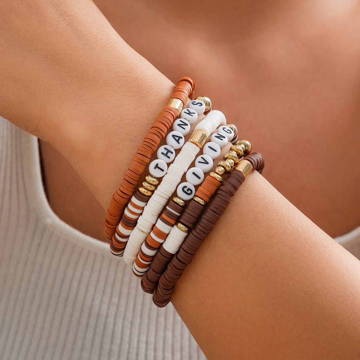 6 Pcs Thanksgiving Themed Polymer Clay Letter Beaded Stackable Bracelet Set - ArtGalleryZen