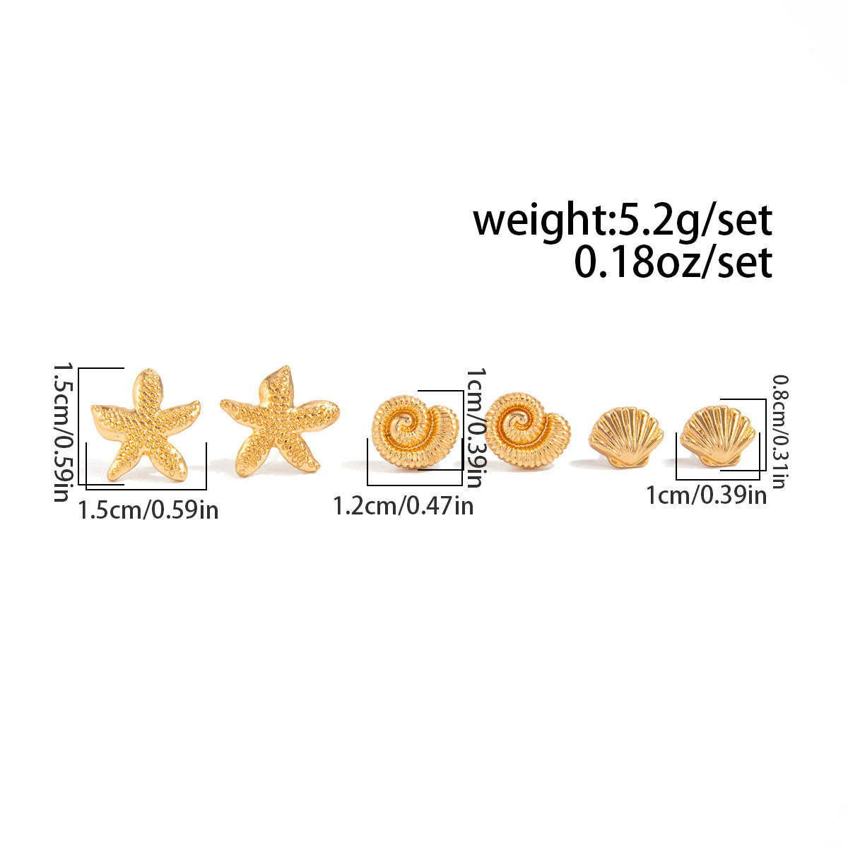3 Pairs Beach Conch Shell Starfish Stud Earrings Set Ocean Jewelry