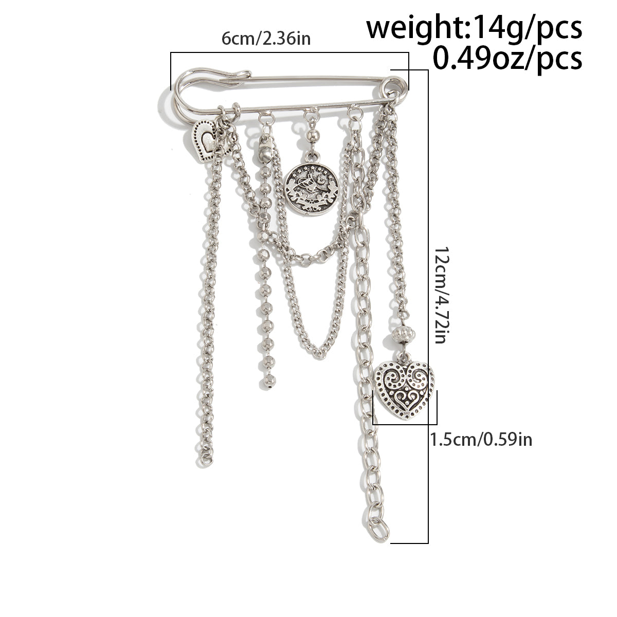 Carved Round Disk Heart Tassel Trouser Pin - Decorative Pants Chain Brooch