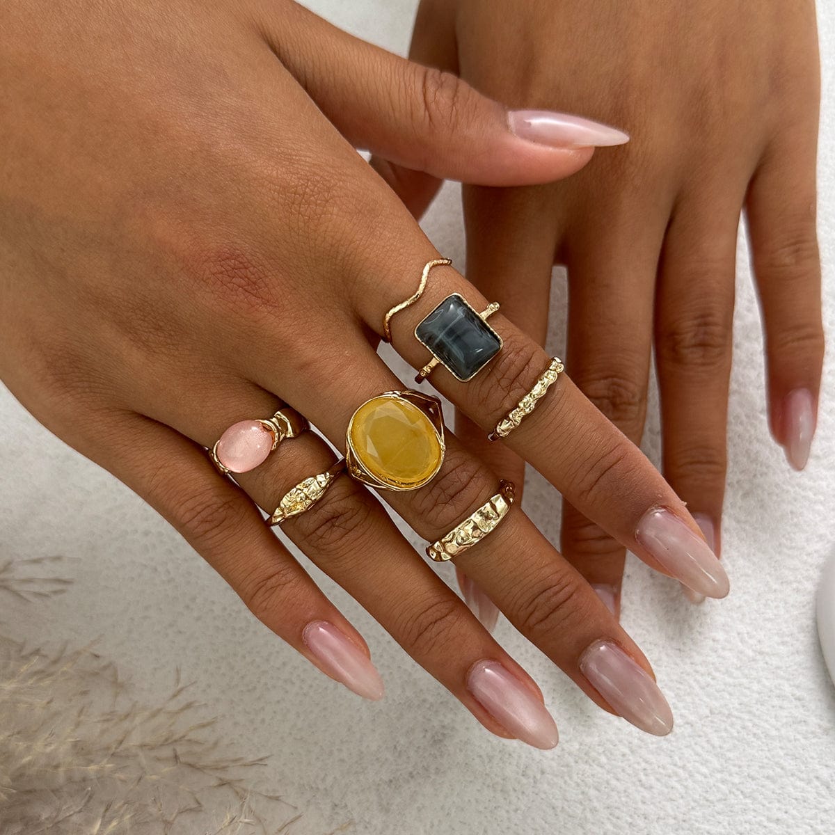 7 Pcs Baroque Gold Silver Tone Crystal Inlaid Pleated Ring Set - ArtGalleryZen