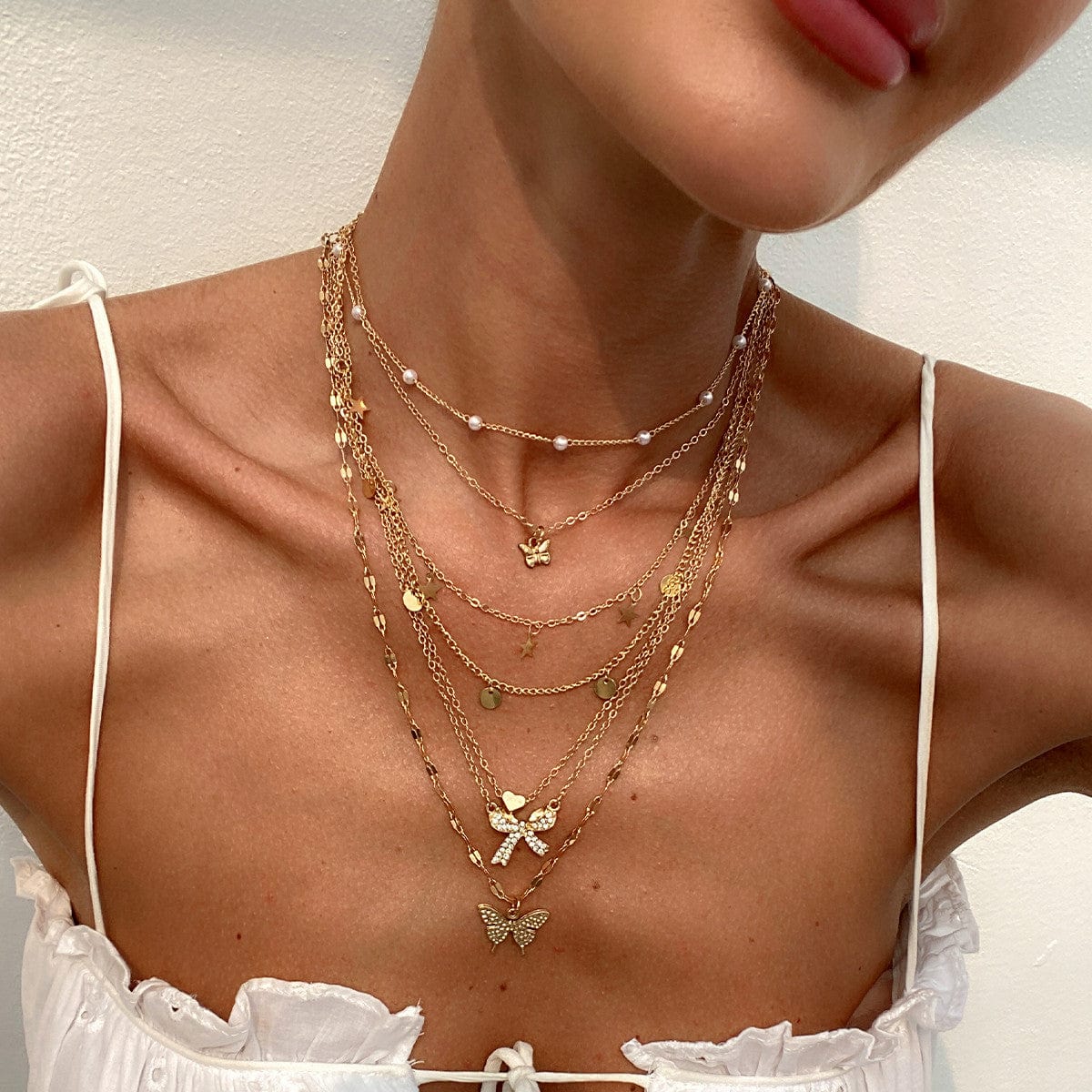 7 Pcs Rhinestone Inlaid Butterfly Star Sequin Tassel Pearl Chain Necklace Set - ArtGalleryZen