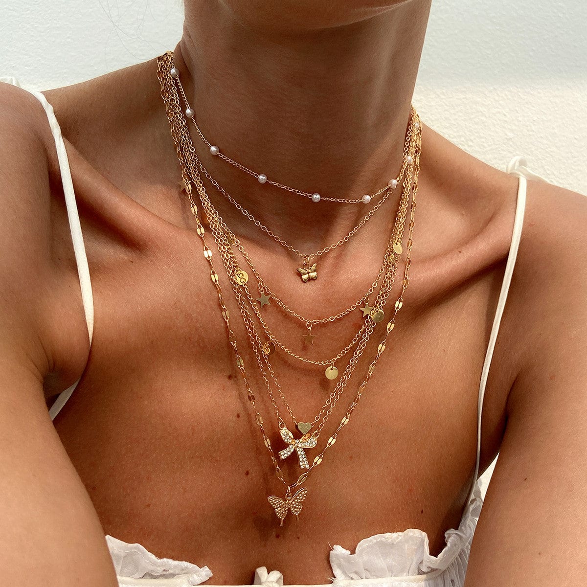 7 Pcs Rhinestone Inlaid Butterfly Star Sequin Tassel Pearl Chain Necklace Set - ArtGalleryZen