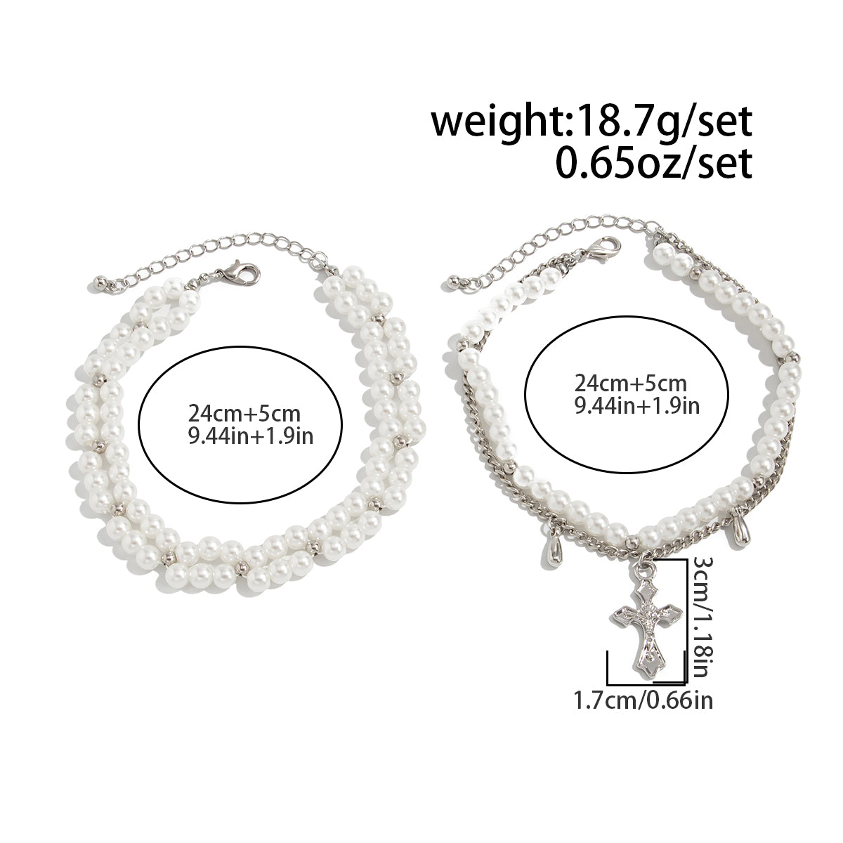 Cross Charm Pearl Chain Anklet Set - 2 Piece Layered Beach Ankle Jewelry