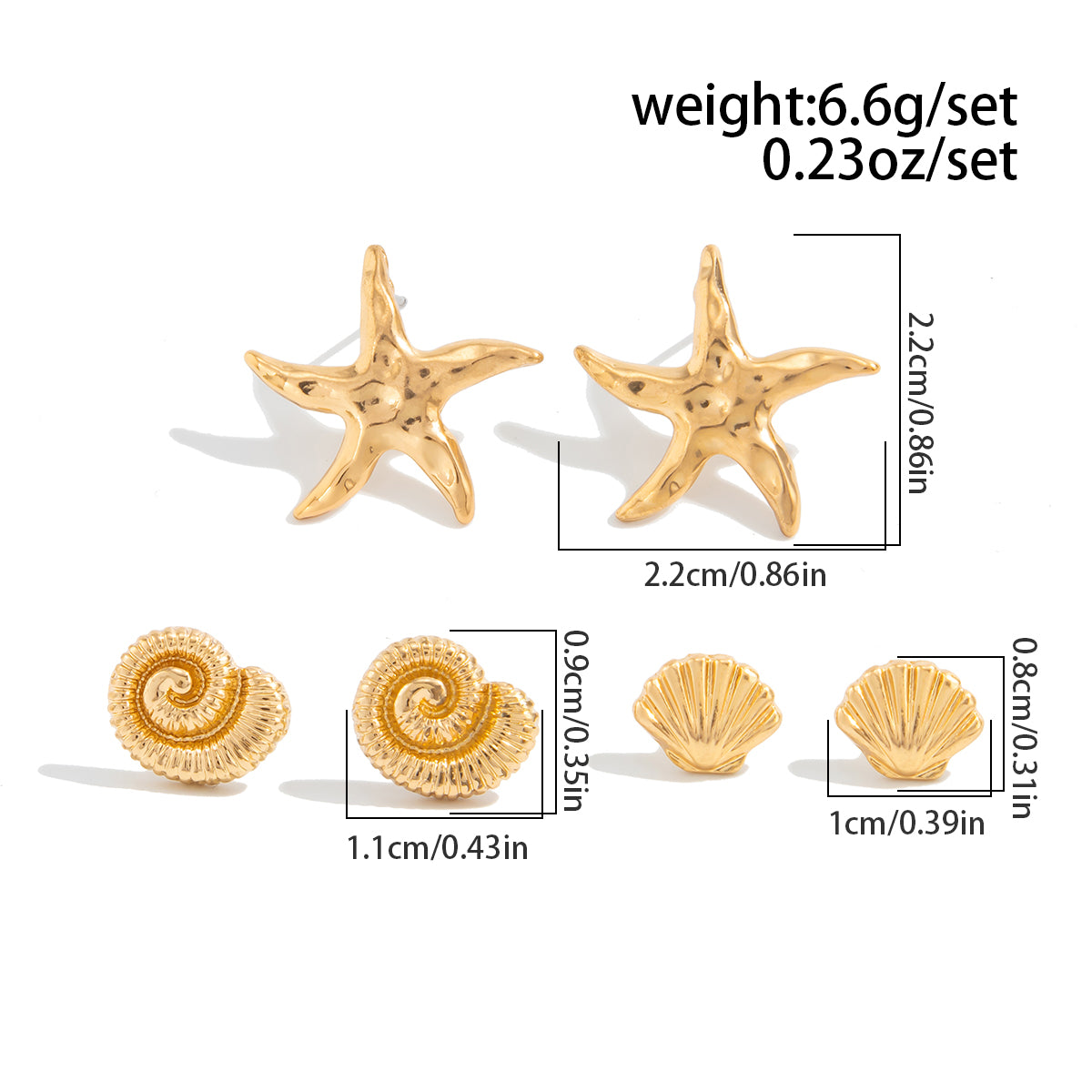 Gold Silver Shell Starfish Earrings Set 3 Pairs Beach Jewelry