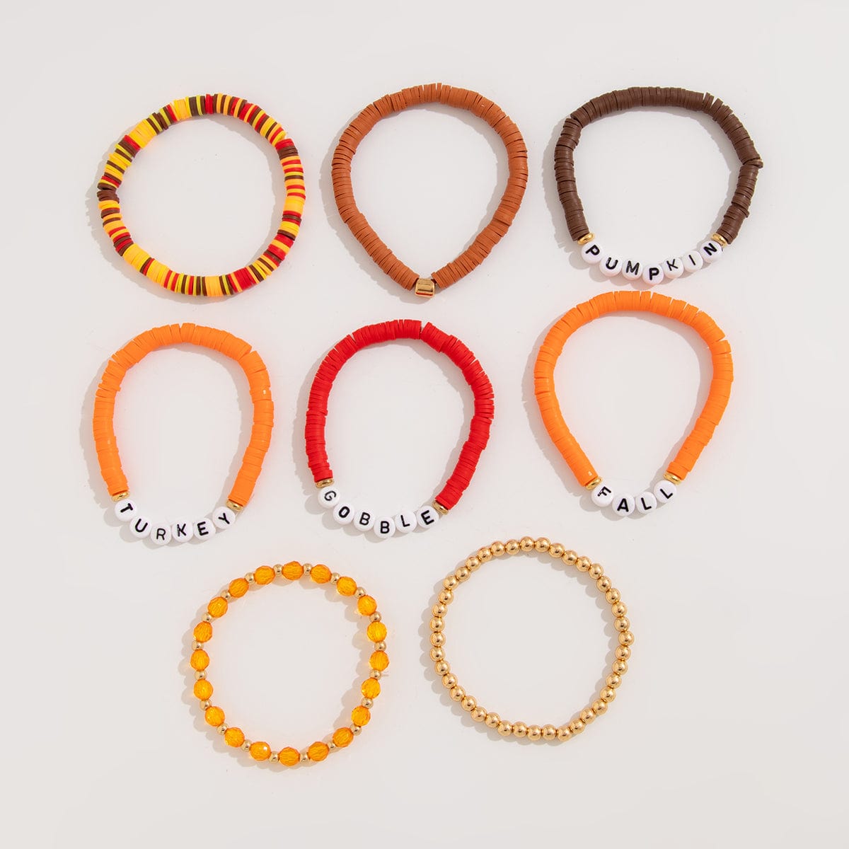8 Pcs Thanksgiving Theme Crystal Letter Polymer Clay Beaded Stackable Bracelet Set - ArtGalleryZen
