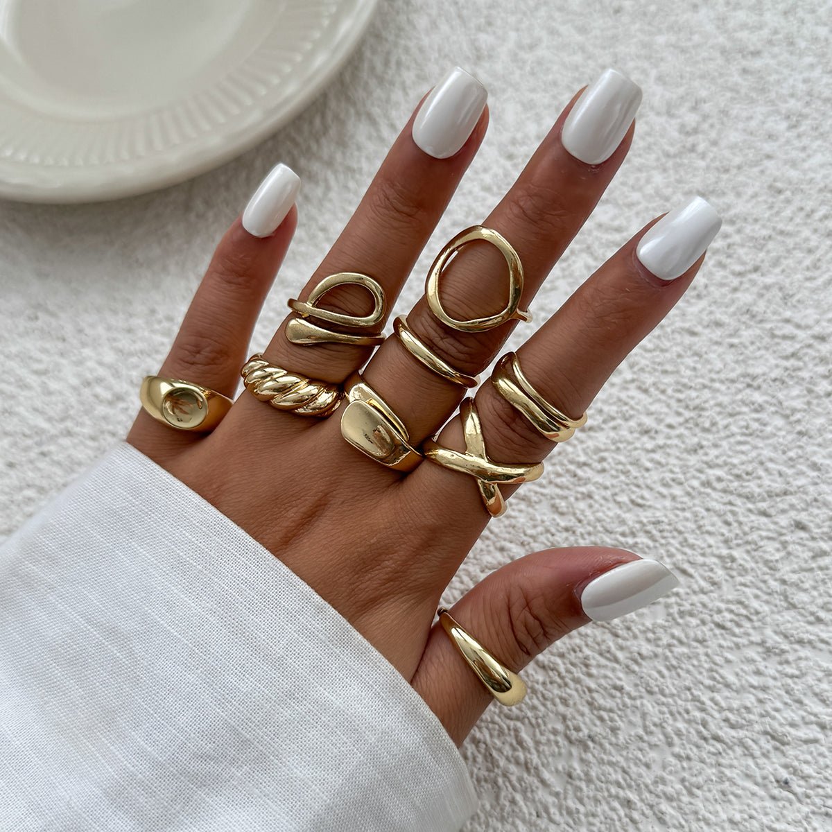 9 Pcs Gold Silver Tone Hollow Waterdrop Cross Twisted Ring Set - ArtGalleryZen