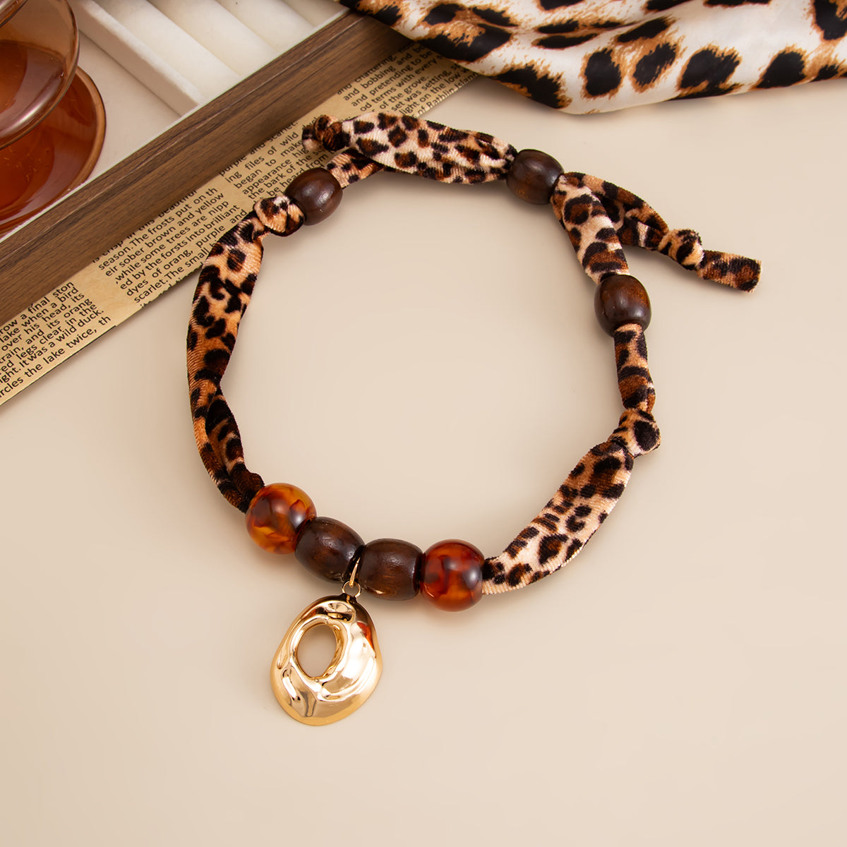 Lava Pendant Wooden Beads Leopard Print Velvet Necklace Boho