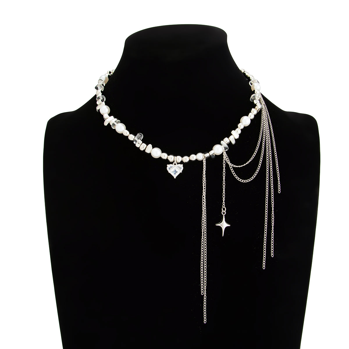 Rhinestone Heart Pearl Choker Necklace - Beaded Chain Tassel Jewelry