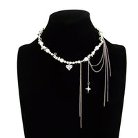 Thumbnail for Rhinestone Heart Pearl Choker Necklace - Beaded Chain Tassel Jewelry