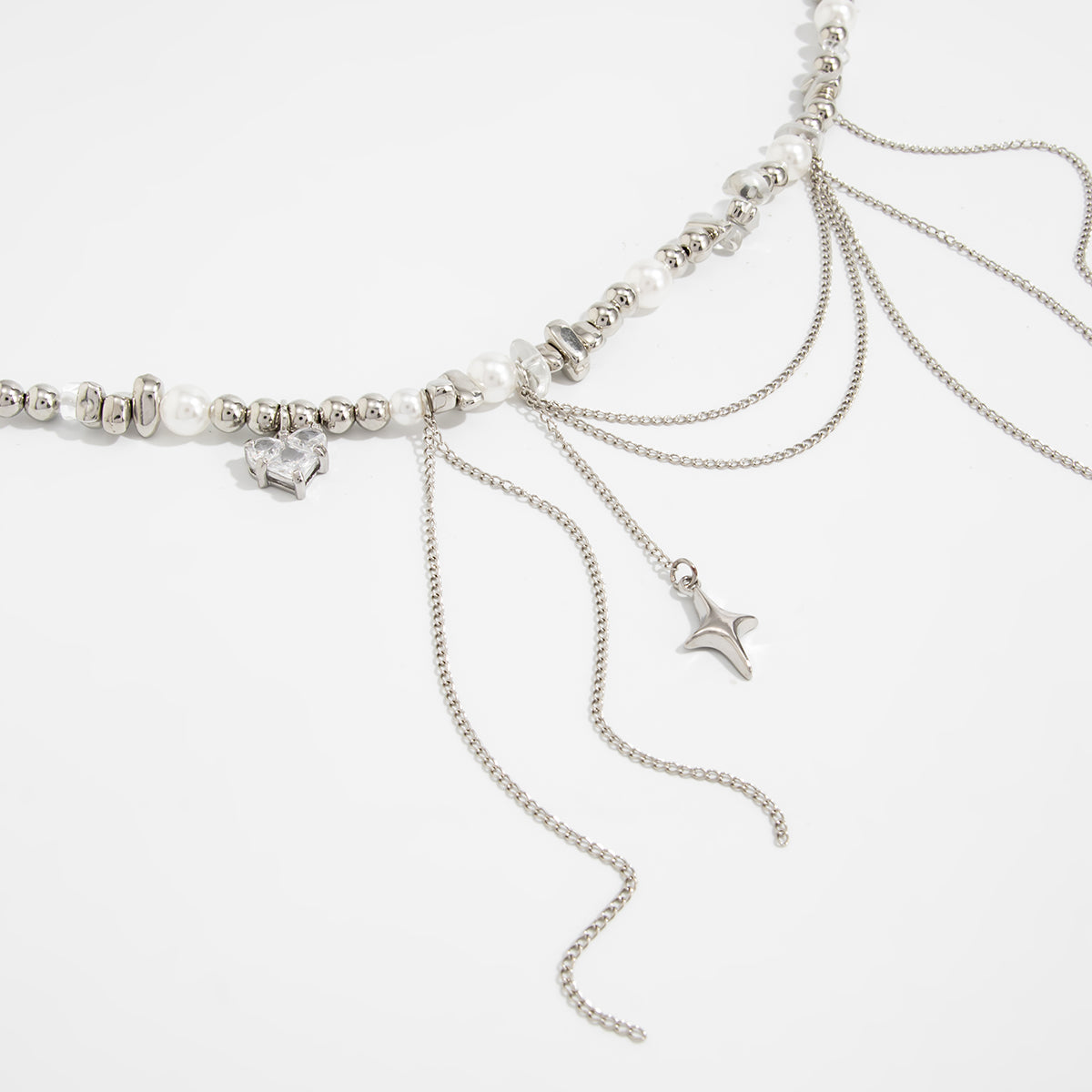 Rhinestone Heart Pearl Choker Necklace - Beaded Chain Tassel Jewelry