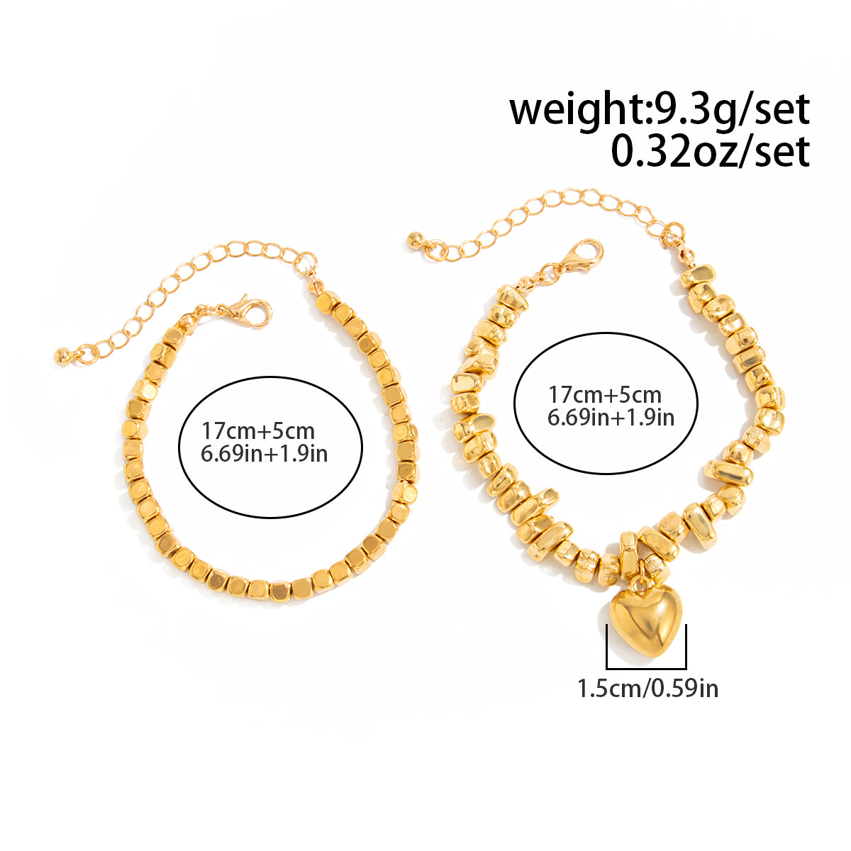 Geometric Heart Pendant Square Beaded Bracelet Set Gold Silver