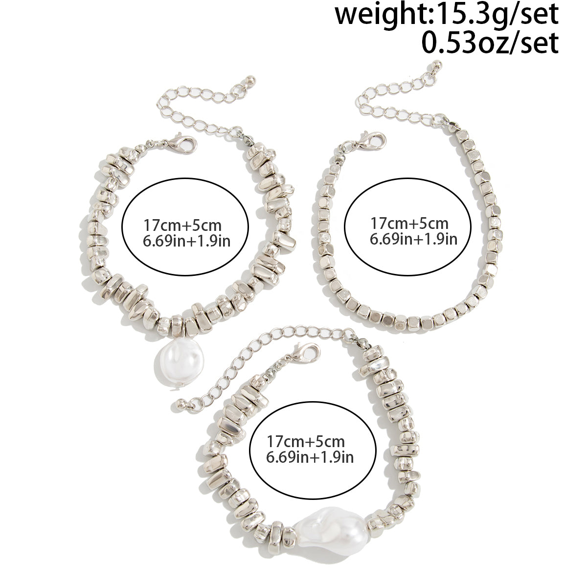 Silver Tone Pearl Bracelet Set Irregular Square Beaded Charm
