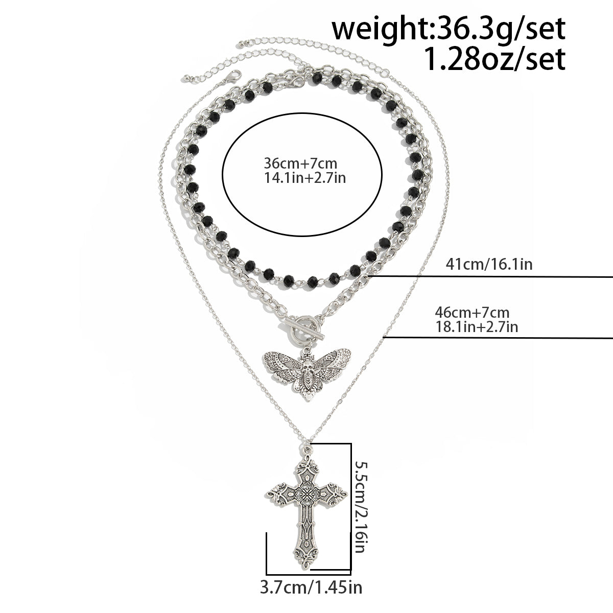 Gothic 3-Piece Cross Skull Butterfly Necklace Set - Crystal Chain Jewelry
