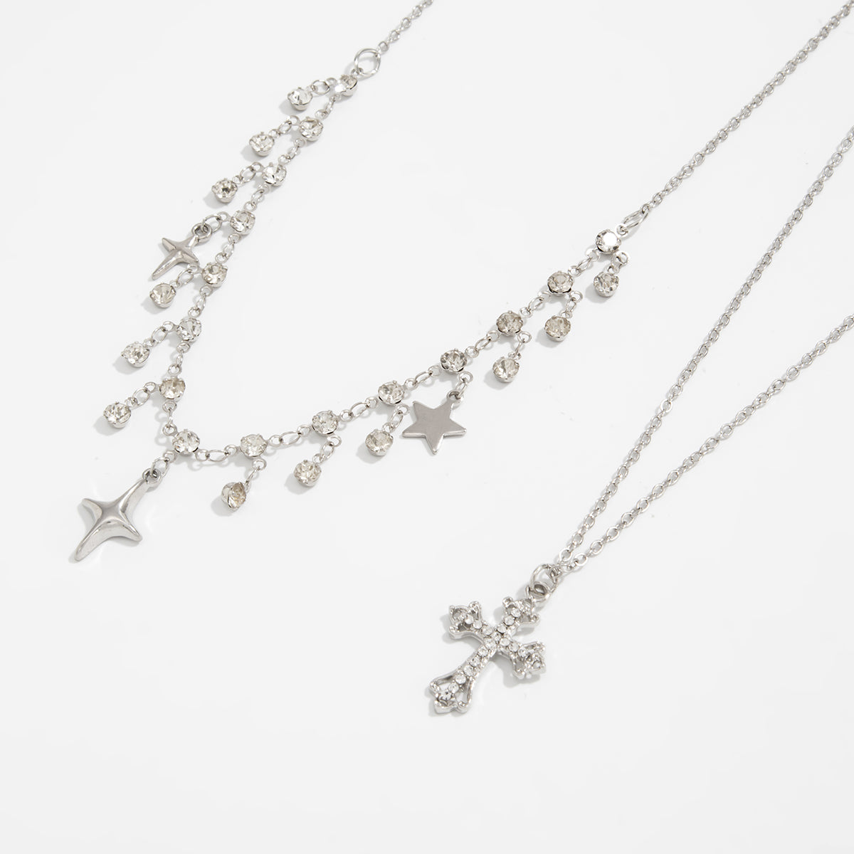 Layered Cross Star Tassel Necklace Set - Rhinestone Chain Jewelry