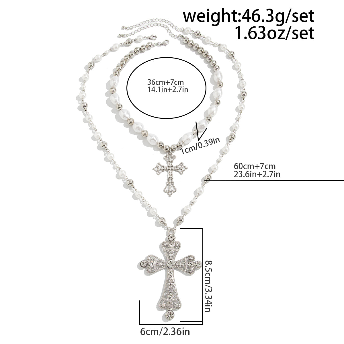 Baroque Pearl Cross Necklace Set - 2-Piece Rhinestone Chain Jewelry