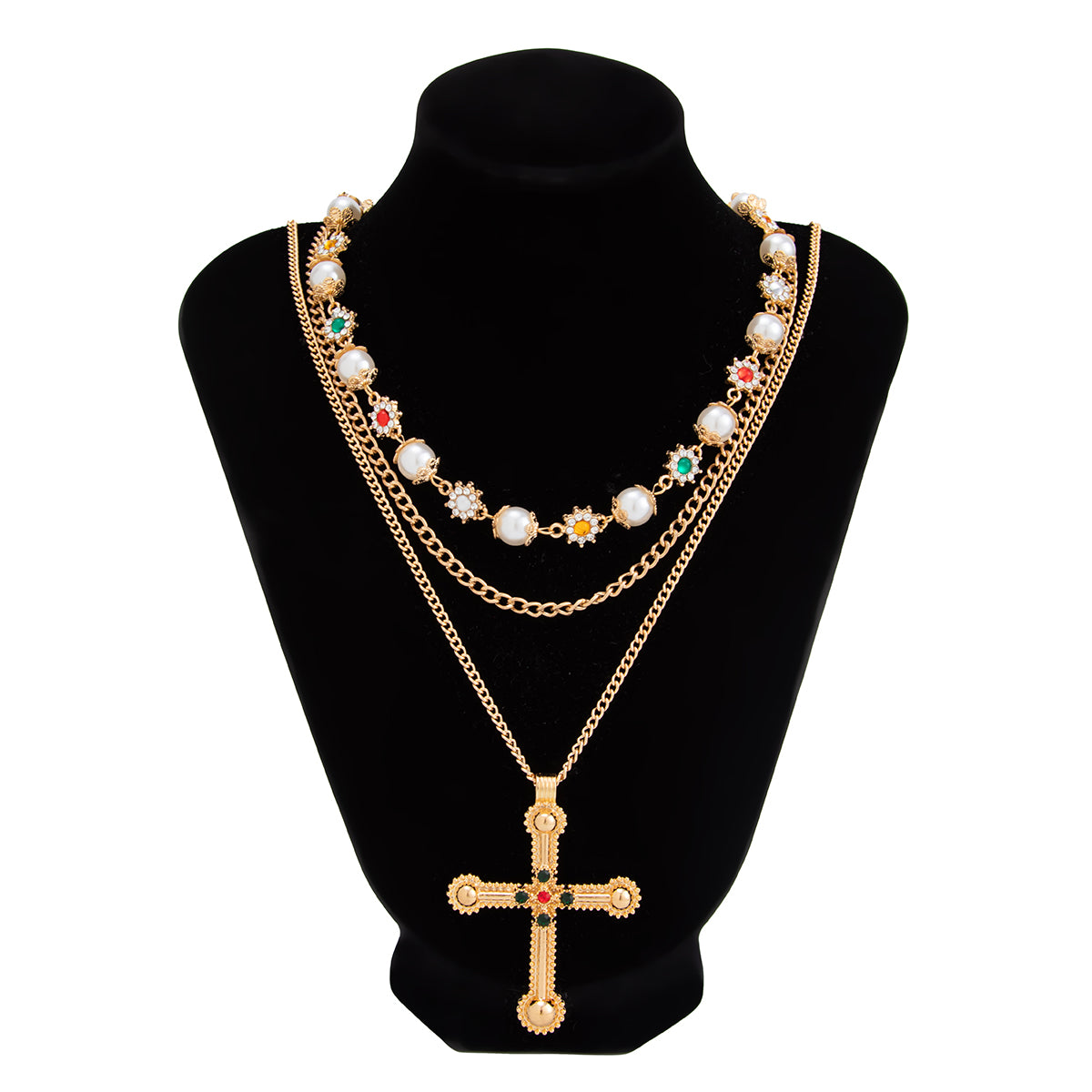 Cross Pearl Rhinestone Necklace Set Gold Silver Layered Jewelry